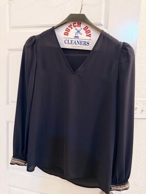 Express Navy V-Neck Long-Sleeve Blouse with Embellished Cuffs